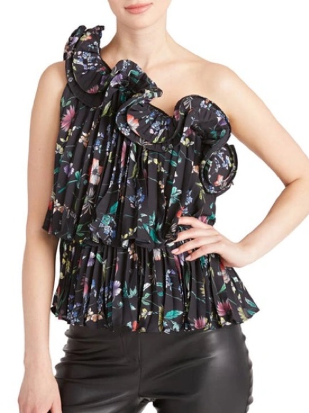 NWOT Amur Ruffle Asymmetrical Top Black Floral Sz 8